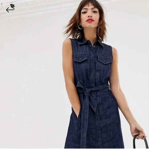 Warehouse Denim Mini Dress Sleeveless Tie Waist Pockets Dark Wash Size 6 Small - Picture 8 of 10